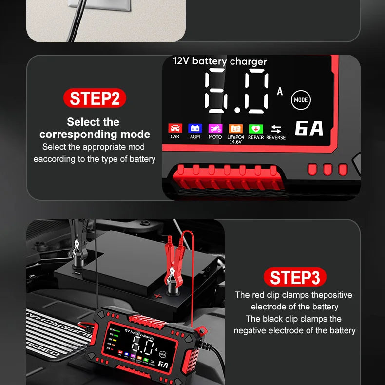 12V 6A Smart Car Battery Charger – LiFePO4 & Lead Acid | Dead Battery? Not Anymore.