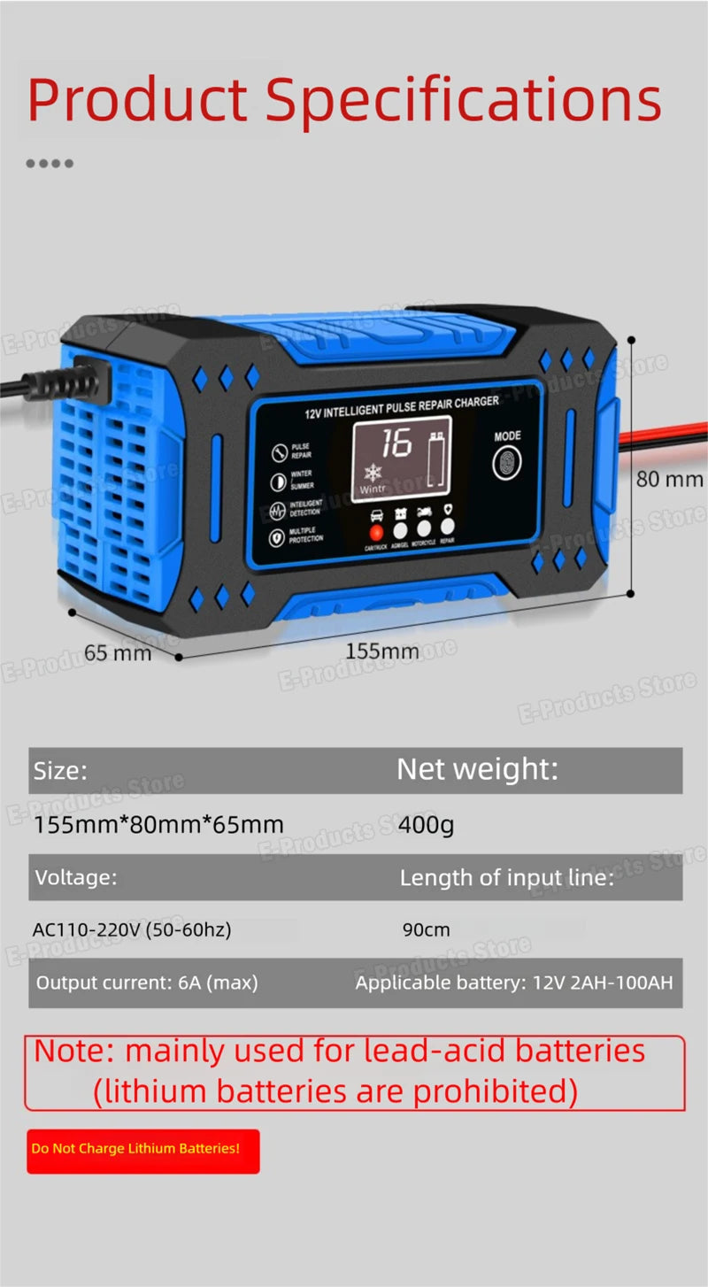 12V 6A Smart Car Battery Charger – LiFePO4 & Lead Acid | Dead Battery? Not Anymore.