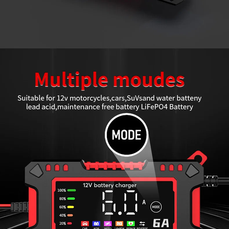 12V 6A Smart Car Battery Charger – LiFePO4 & Lead Acid | Dead Battery? Not Anymore.