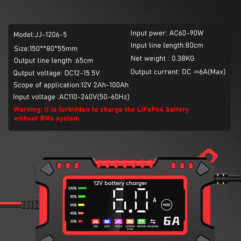 12V 6A Smart Car Battery Charger – LiFePO4 & Lead Acid | Dead Battery? Not Anymore.